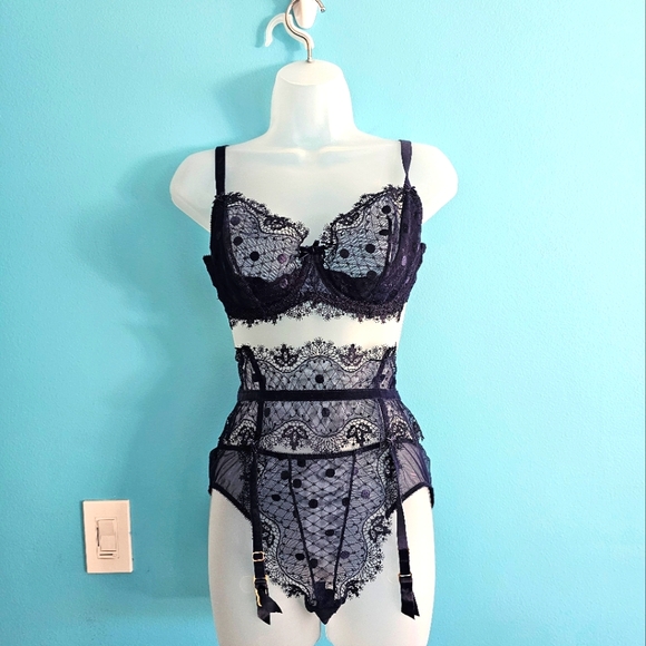 Dita Von Teese Elegant Navy Lace Lingerie Set - Picture 1 of 8